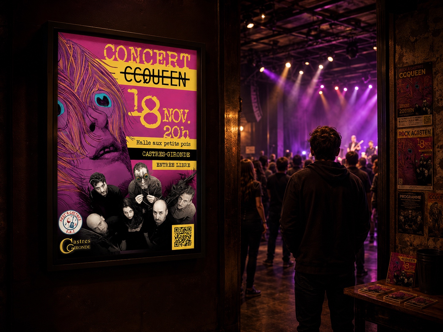 L'affiche du concert encadrée à l'entrée de la salle, le public et la scène en lumières violettes derrière