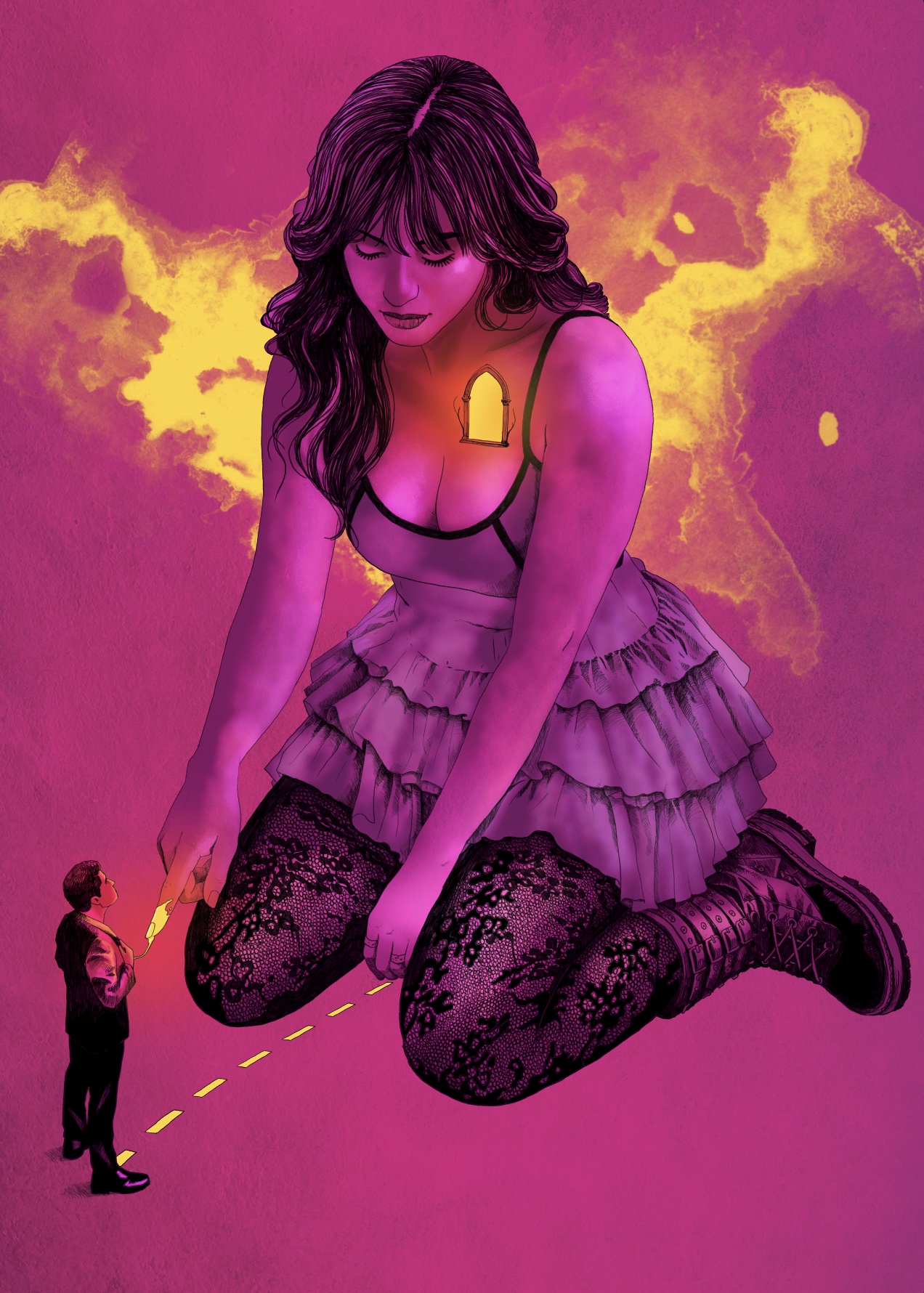 Illustration de l'univers CCQUEEN : une géante penchée vers un homme minuscule, fenêtre de lumière au cœur