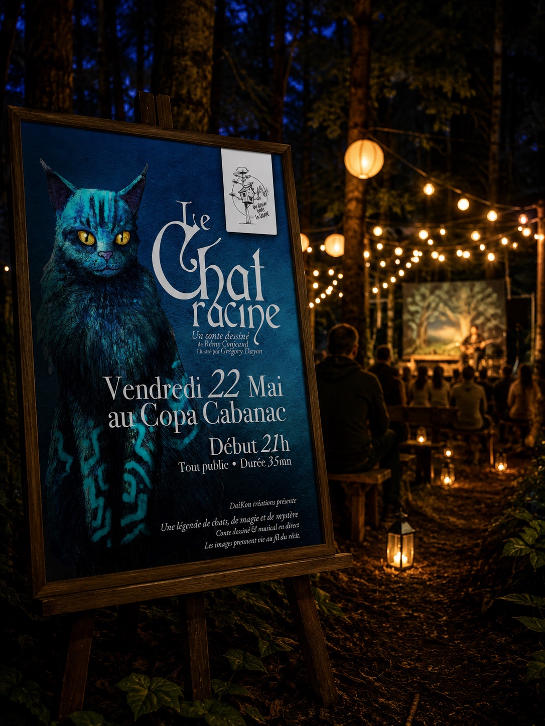 L'affiche du spectacle sur son chevalet, devant la scène illuminée en forêt