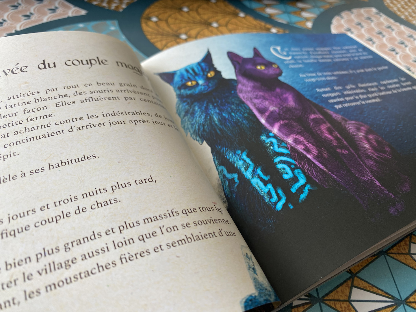 Le livre imprimé ouvert : l'arrivée du couple magique, les deux chats bleu et violet