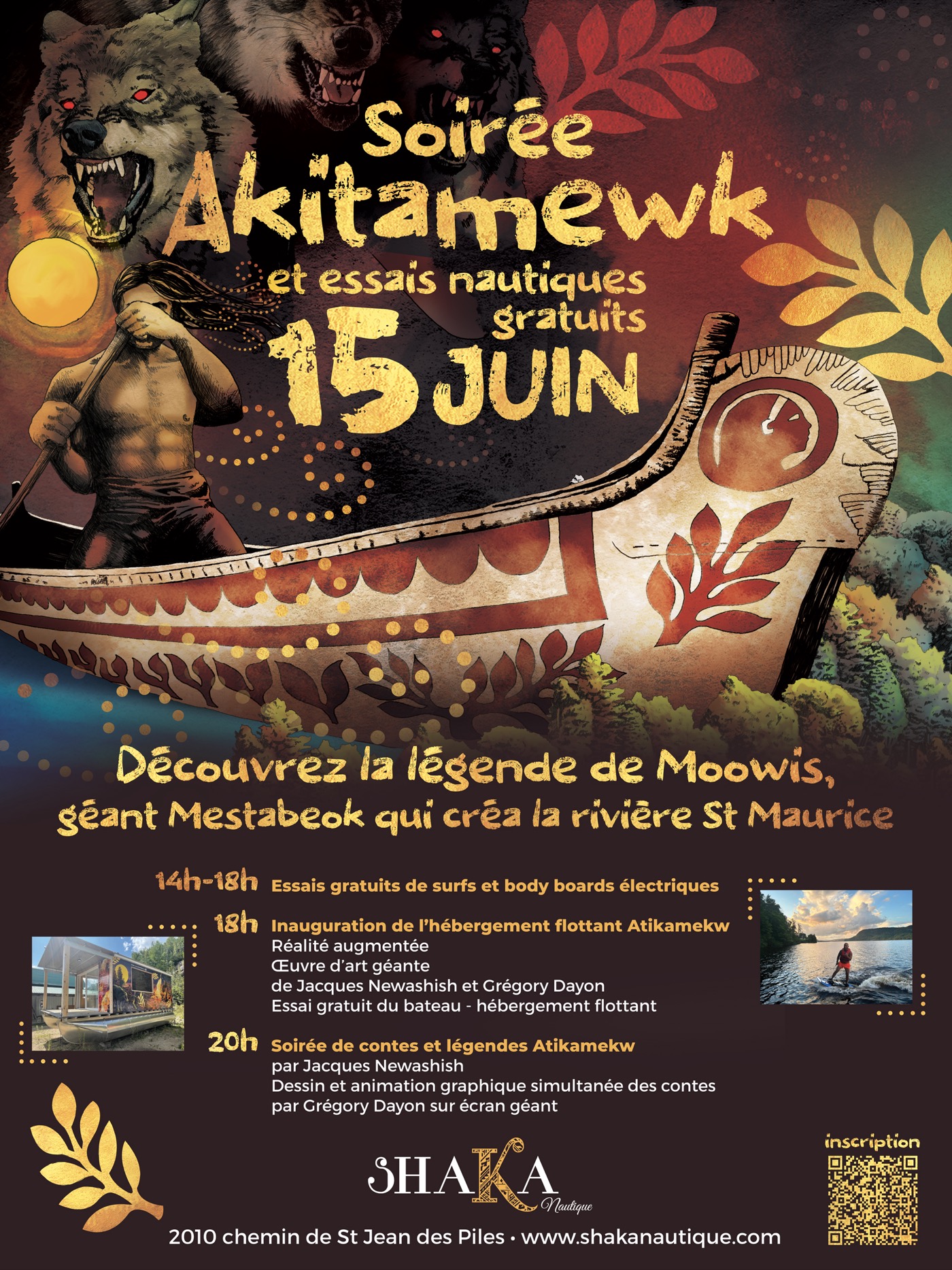 Affiche de la soirée Akitamewk au Québec : la légende de Moowis, contes atikamekw et dessin en direct