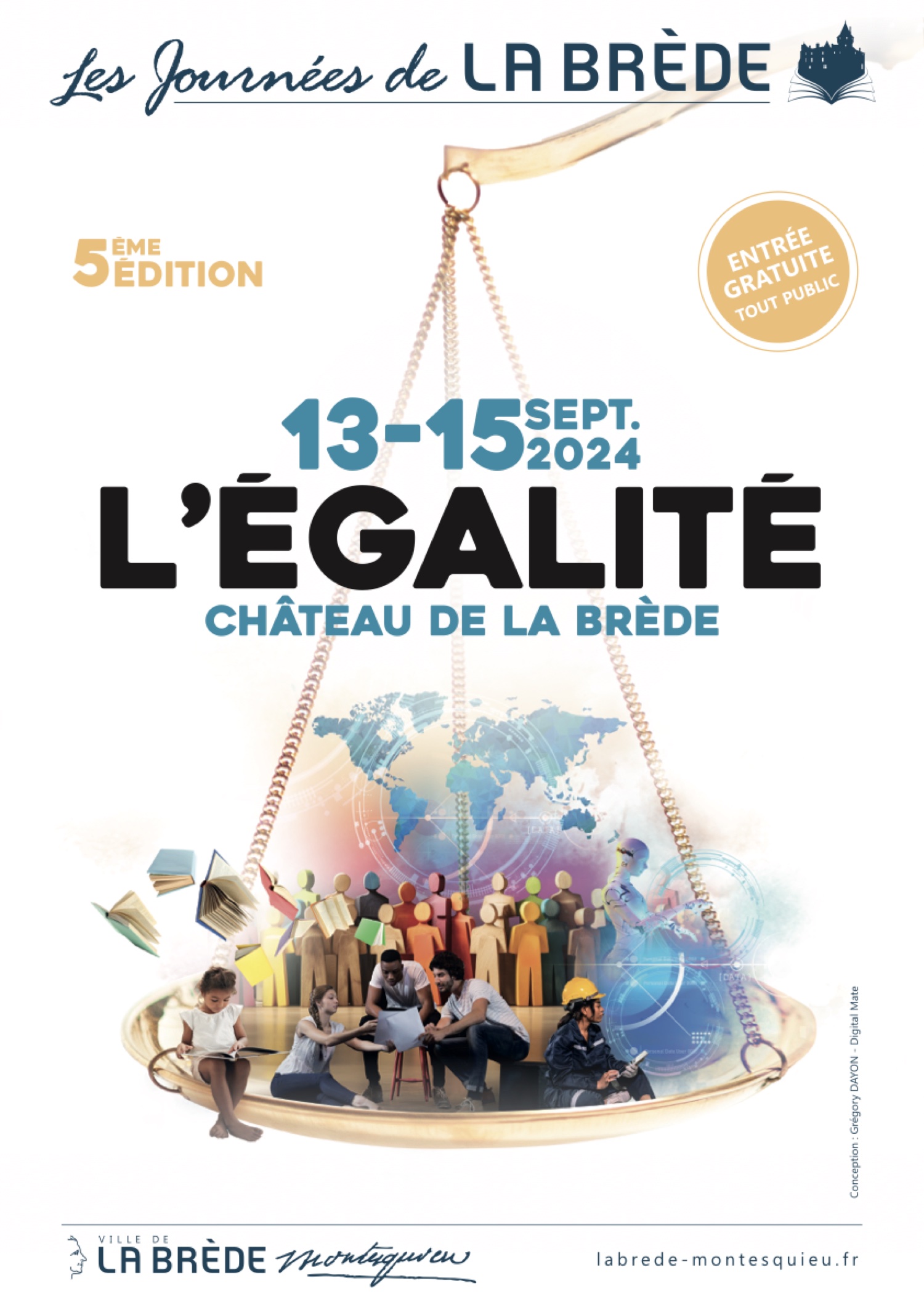 Affiche 2024, 5e édition : L'Égalité — une balance dorée porte livres et silhouettes