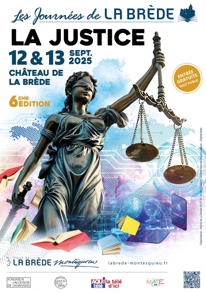 Affiche 2025, 6e édition : La Justice — Thémis aux yeux bandés entourée de livres