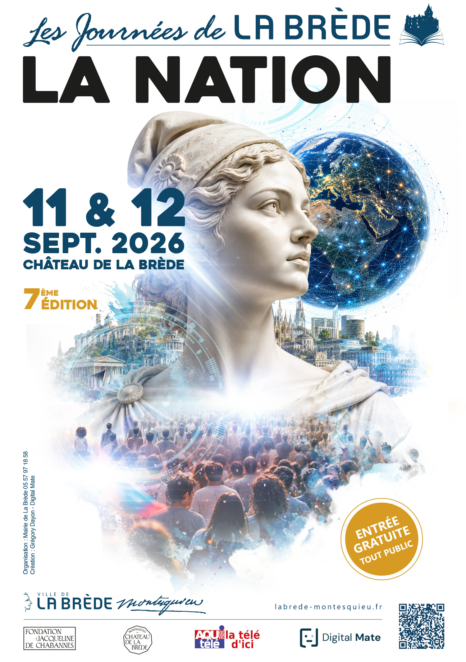 Affiche 2026, 7e édition : La Nation — Marianne de marbre devant le globe connecté