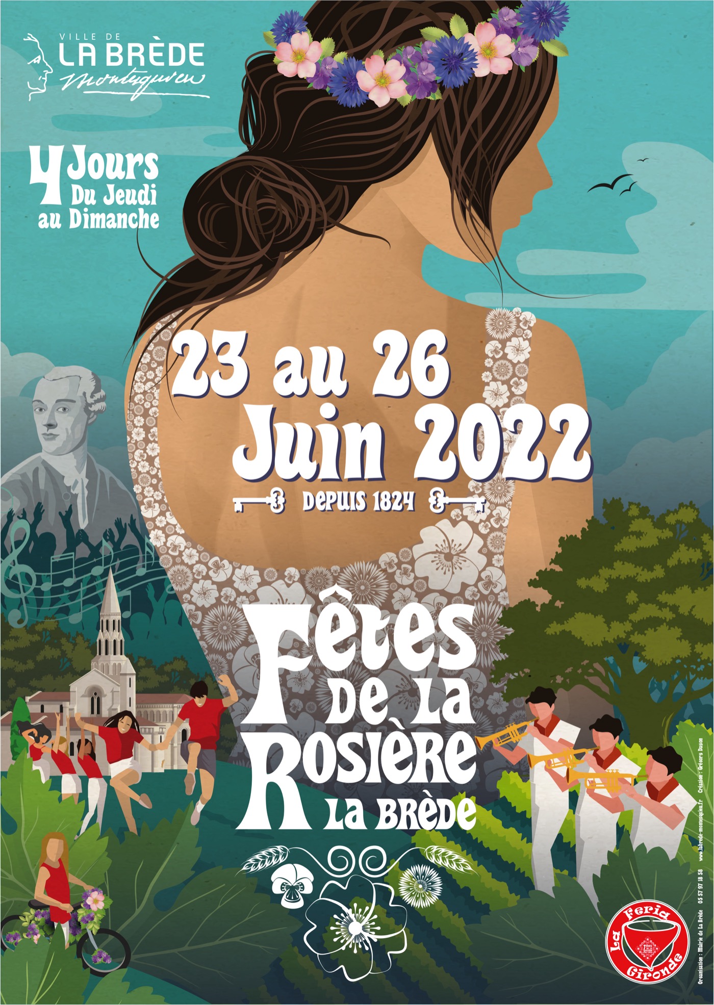 Affiche 2022 : la Rosière de dos devant le village, en aplats vectoriels aux tons turquoise