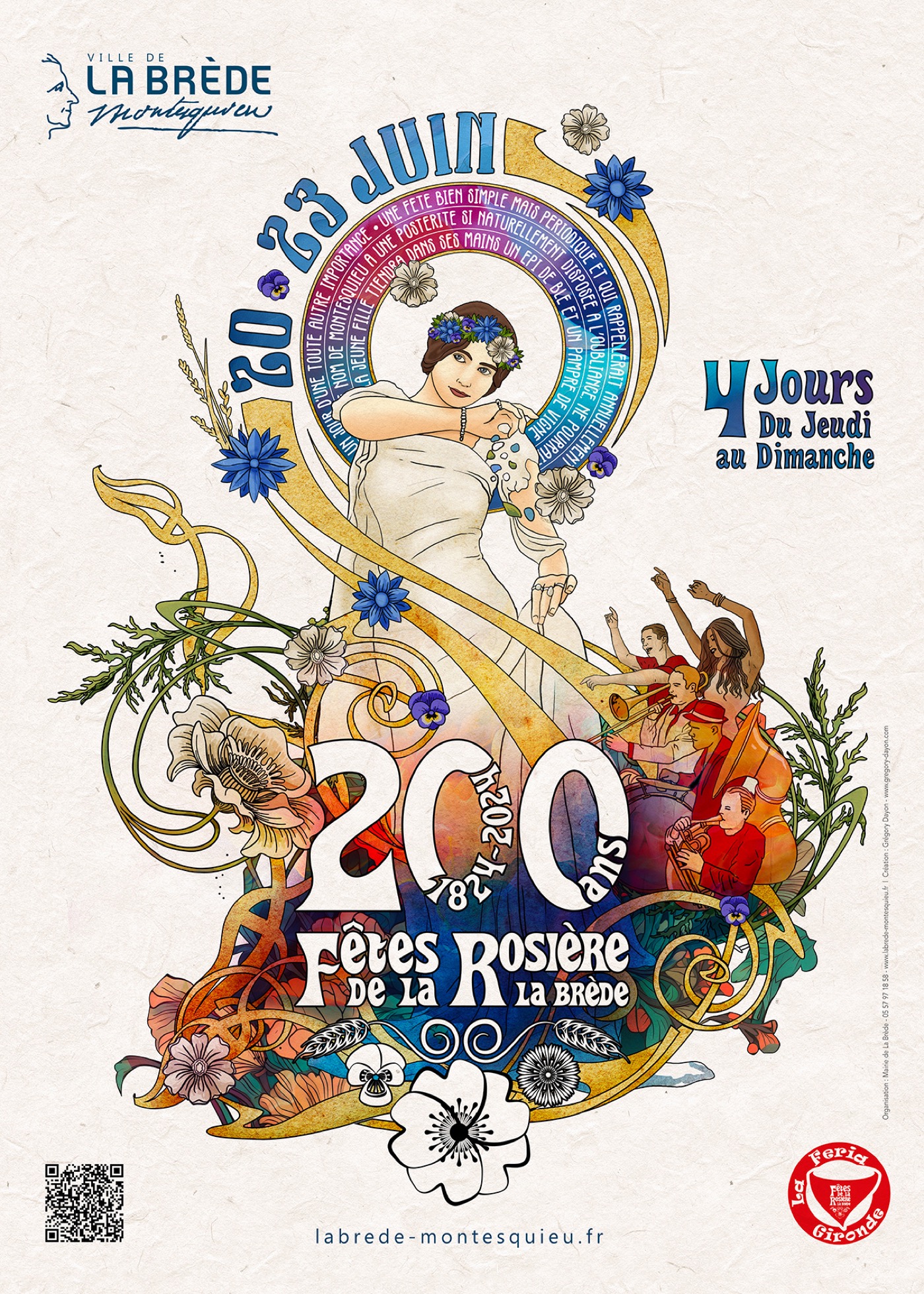 Affiche 2024 des 200 ans : hommage Art nouveau, Rosière des années folles dans un médaillon doré
