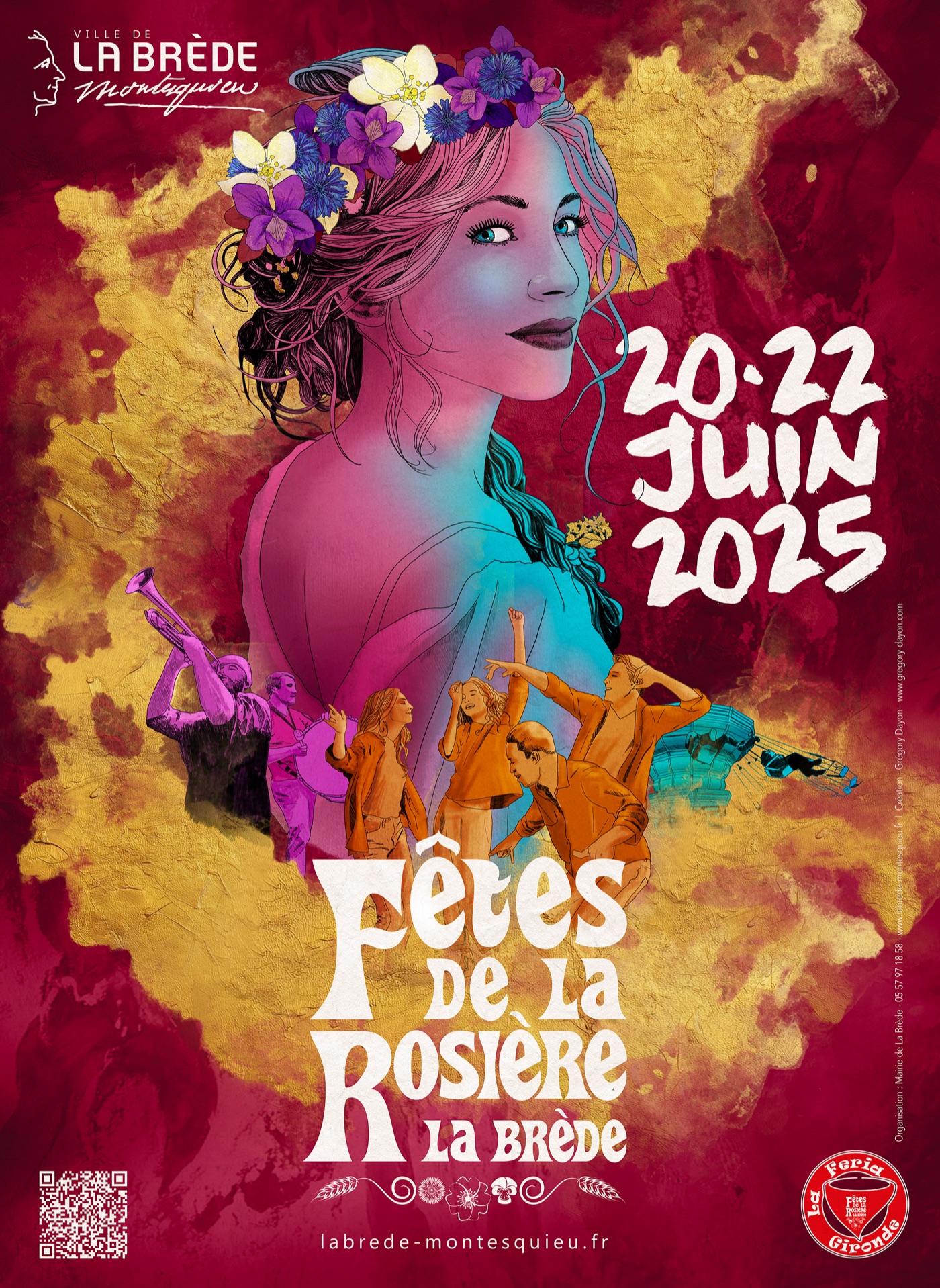 Affiche 2025 : portrait encré rose et turquoise sur fond carmin et or, énergie feria