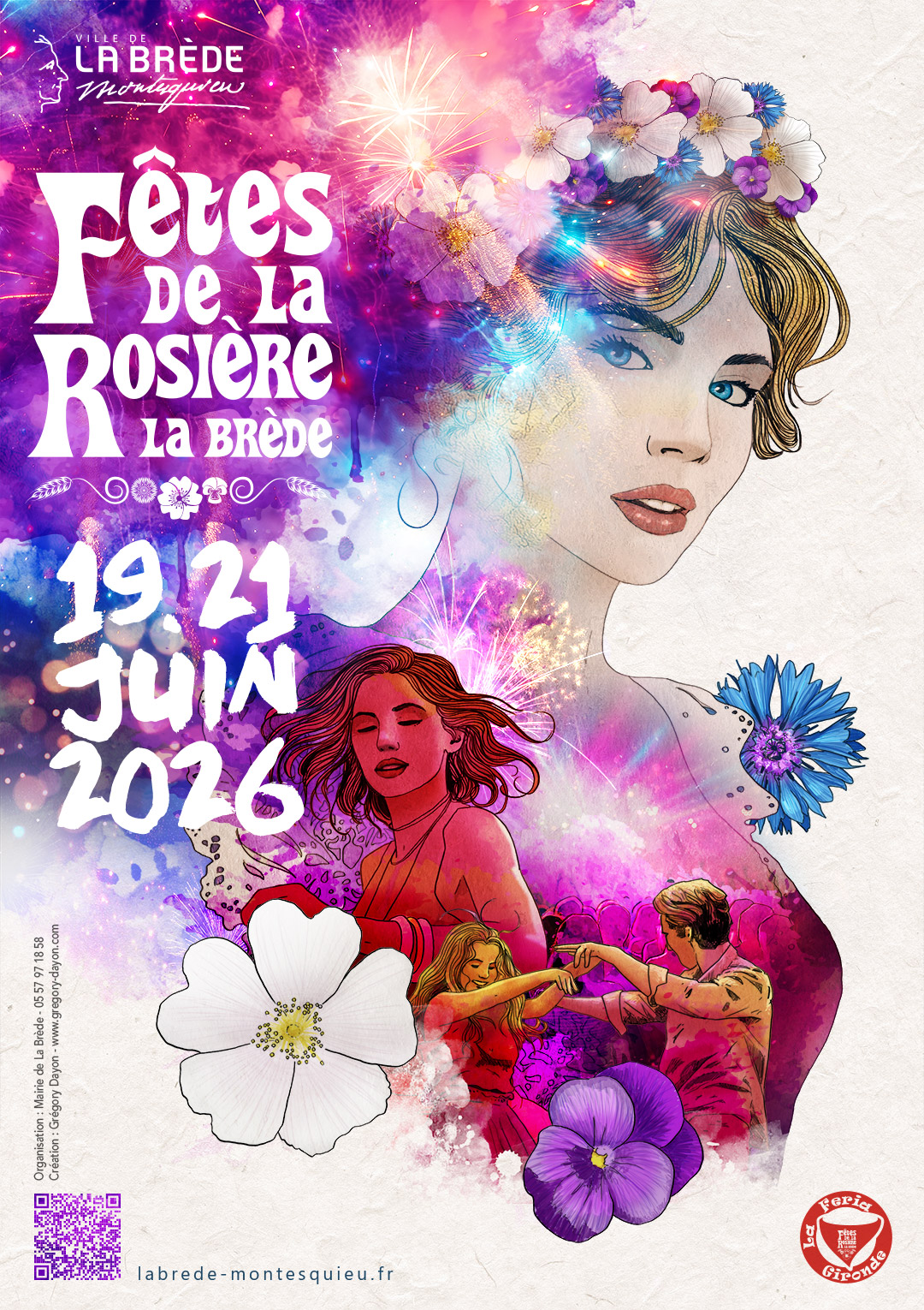 Affiche 2026 : fresque aquarellée fuchsia et violette autour du portrait de la Rosière