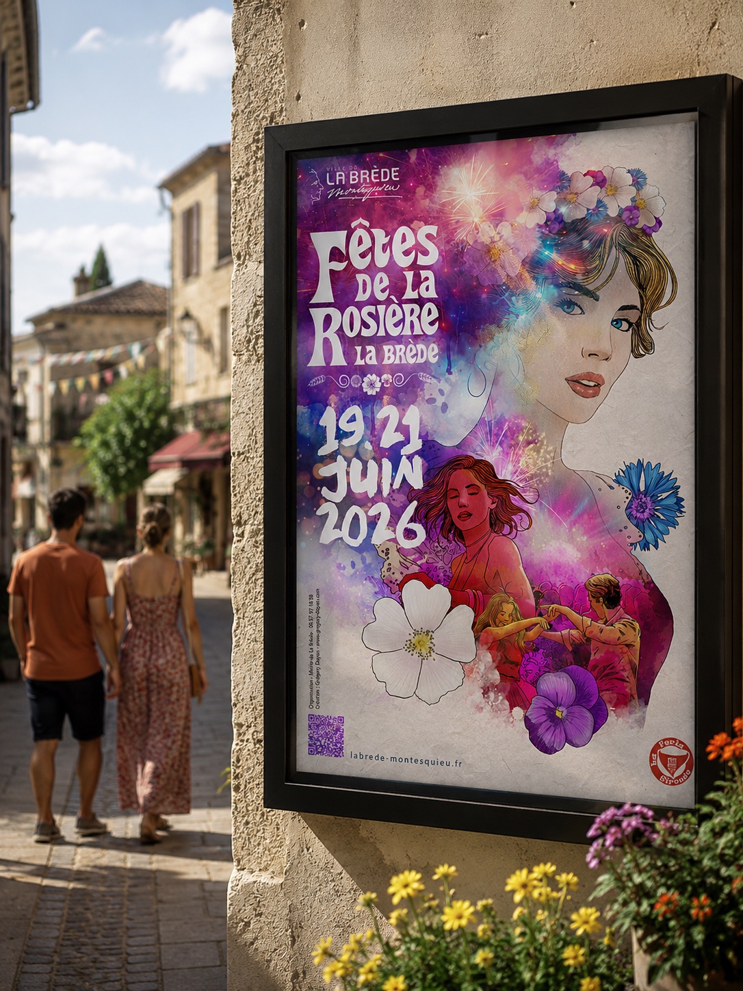 L'affiche 2026 encadrée dans une rue de village, deux passants au second plan