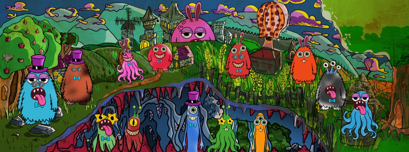 Univers collectif peuplé de créatures colorées imaginées par des participants lors d'ateliers menés avec Grégory Dayon