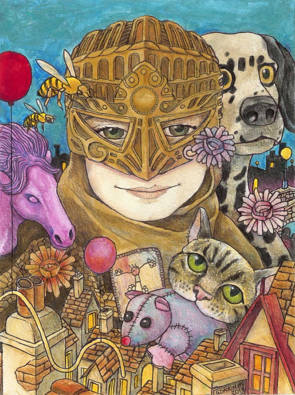 Illustration originale de Grégory Dayon : un enfant au casque doré entouré d'animaux et d'une ville imaginaire