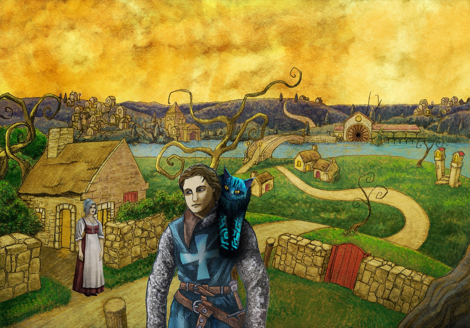 Illustration du Chat Racine : le chevalier au chat bleu sur l'épaule traverse le village sous un ciel doré, salué par la fermière