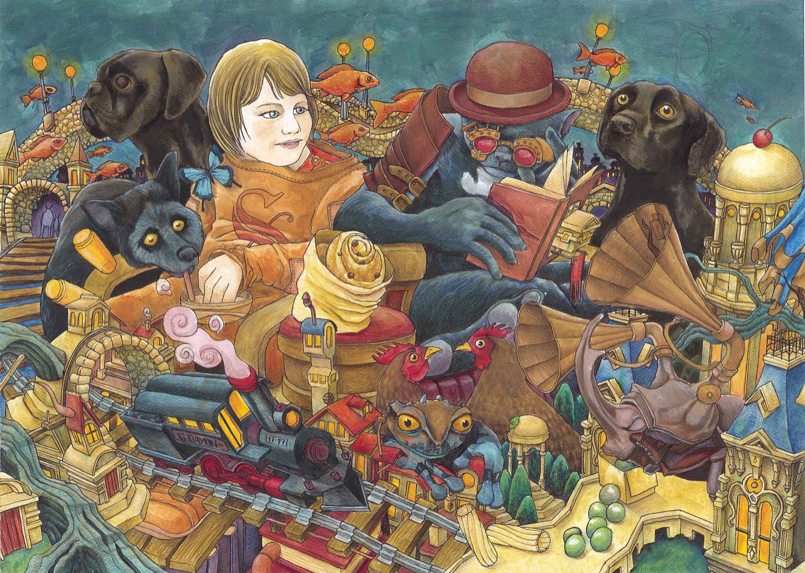 Illustration originale de Grégory Dayon : une enfant entourée de chiens, de poissons volants et de gramophones dans une cité imaginaire
