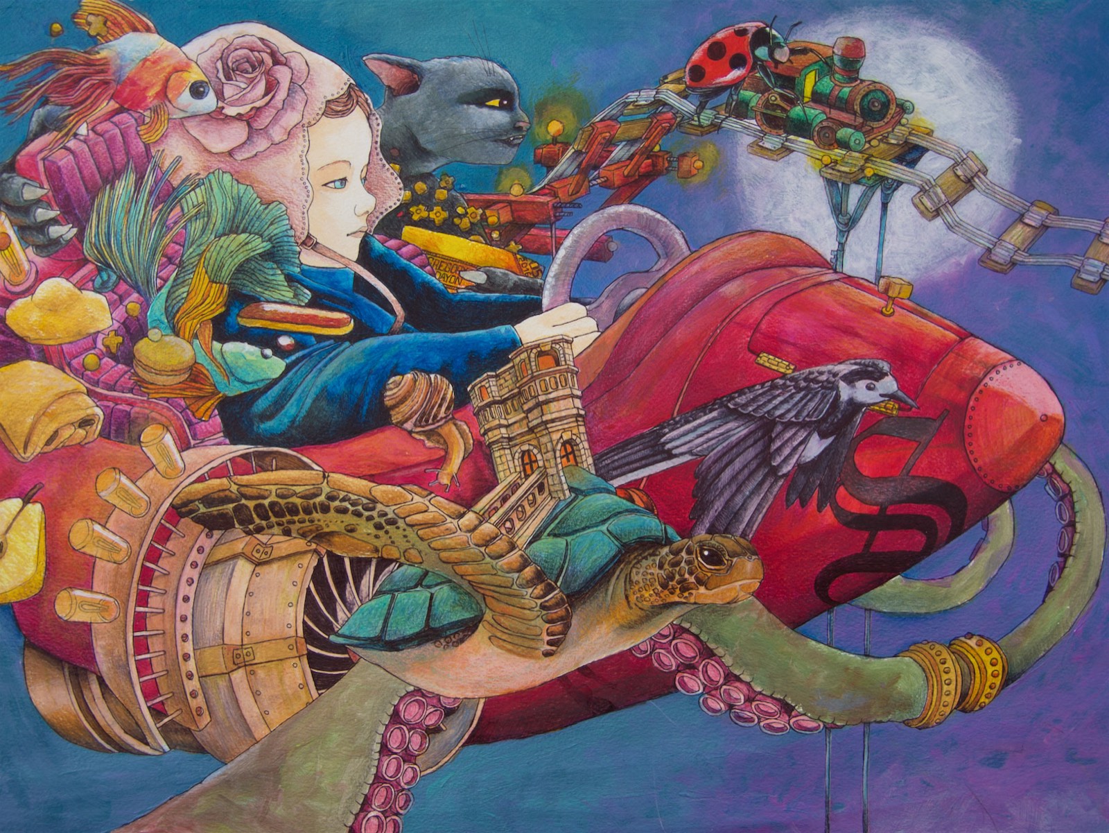 Illustration originale de Grégory Dayon : une enfant au volant d'une machine volante accompagnée d'une tortue et d'un chat