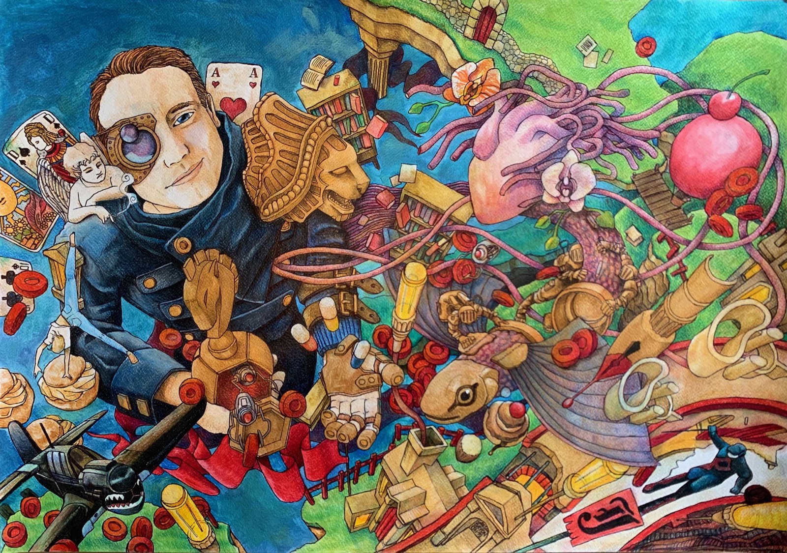 Illustration originale de Grégory Dayon : personnage au monocle entouré de cartes à jouer, de livres et de créatures fantastiques