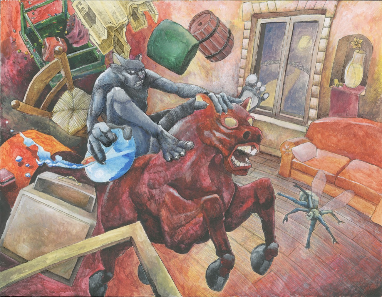 Chat gris chevauchant un âne rouge dans un intérieur sens dessus dessous — illustration originale de Grégory Dayon
