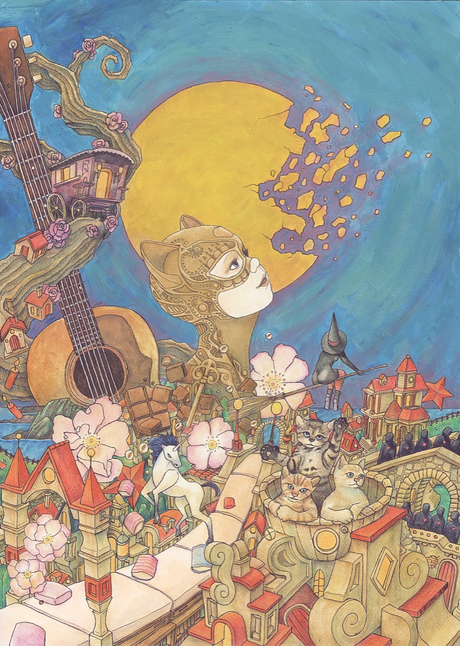 Visage félin au masque doré devant une lune jaune, entouré de guitares, de chats et de maisons imaginaires — illustration originale de Grégory Dayon