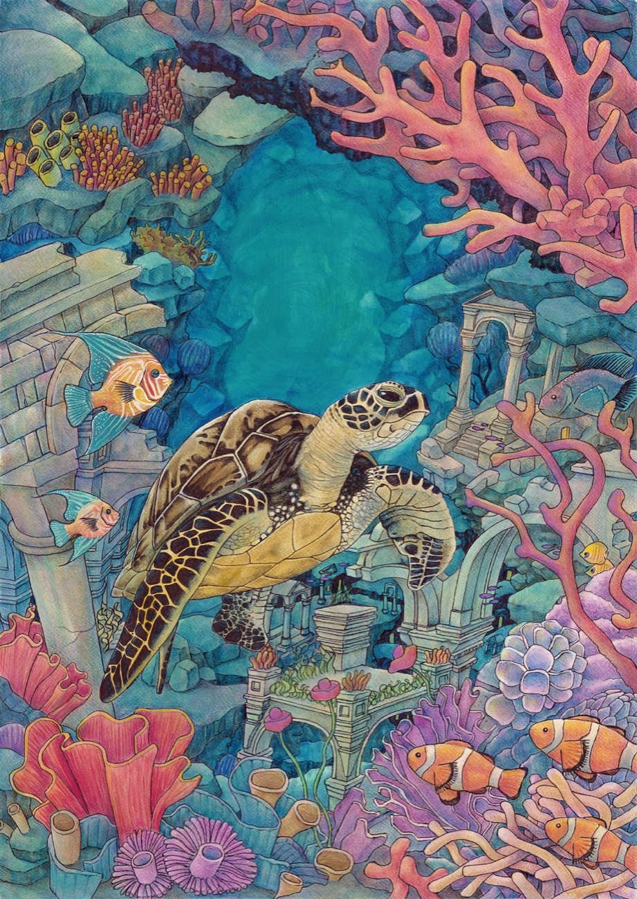 Tortue — tortue marine évoluant parmi les coraux et les ruines englouties, illustration originale de Grégory Dayon