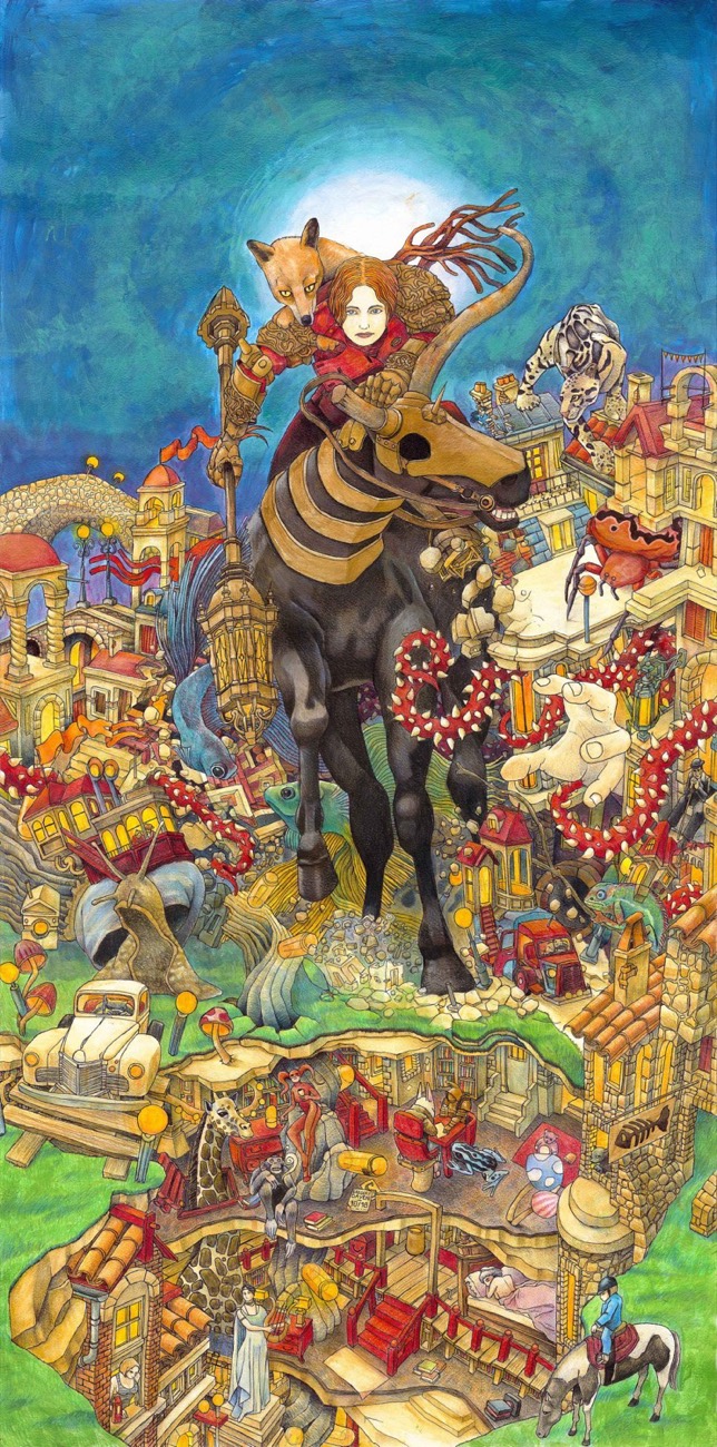 Vulpēcula — cavalière au renard traversant une cité imaginaire foisonnante de détails, illustration originale de Grégory Dayon